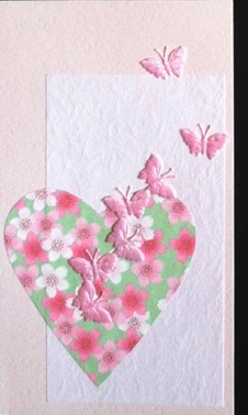 Taking Flight
satin butterflies, floral heart layered on white feather paper and blush card