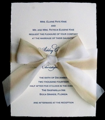 
Letterpressed Wedding Invitations on Arturo with hand dyed silk ribbon