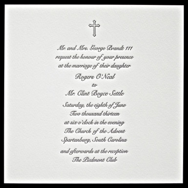 
Letterpressed Wedding Invitation
with Cross on duplexed Arturo